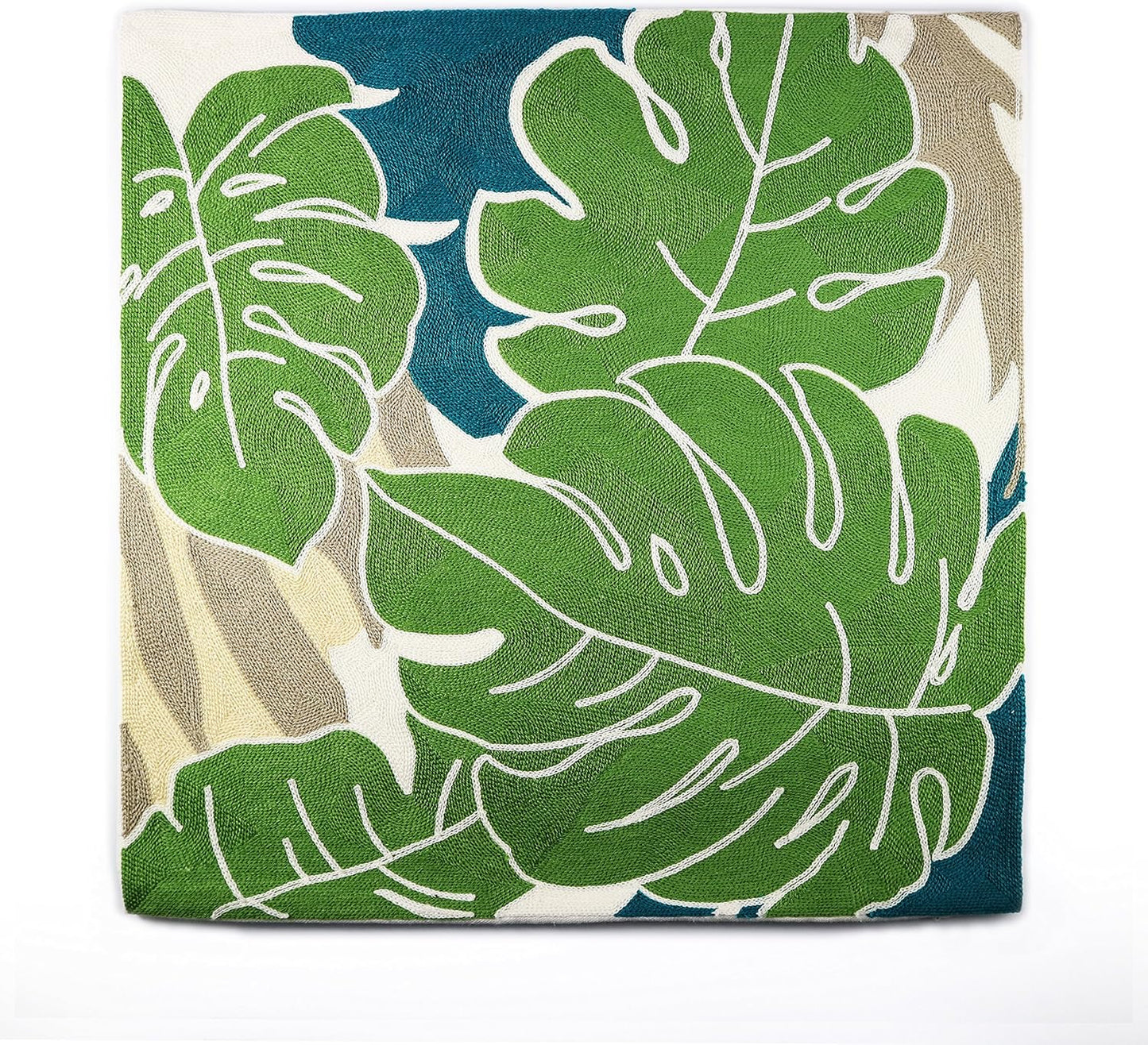 Embroidery Throw Pillow Cover Tropical Leaves 18x18 Inches Decorative Floor Pillow Cover for Couch 100% Cotton Cushion Cover Pillow Case Full Size Monstera Leaf Embroidered, Green, 1 Piece