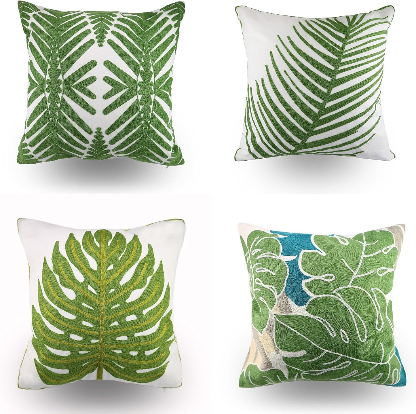 Embroidery Throw Pillow Cover 18x18 Decor Tropical Leaves Floor Pillow Cover for Couch Chair Bed Room 100% Cotton Cushion Cover 45x45cm Pillowcase, Green Leaf Plant Embroidered, Pack of 4