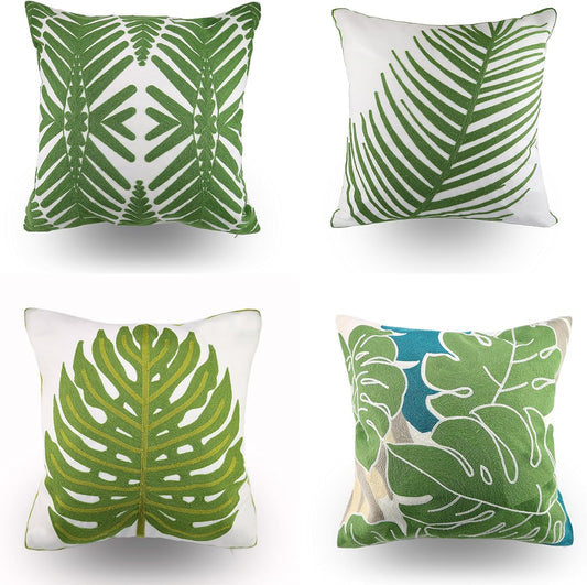Embroidery Throw Pillow Cover 18x18 Decor Tropical Leaves Floor Pillow Cover for Couch Chair Bed Room 100% Cotton Cushion Cover 45x45cm Pillowcase, Green Leaf Plant Embroidered, Pack of 4
