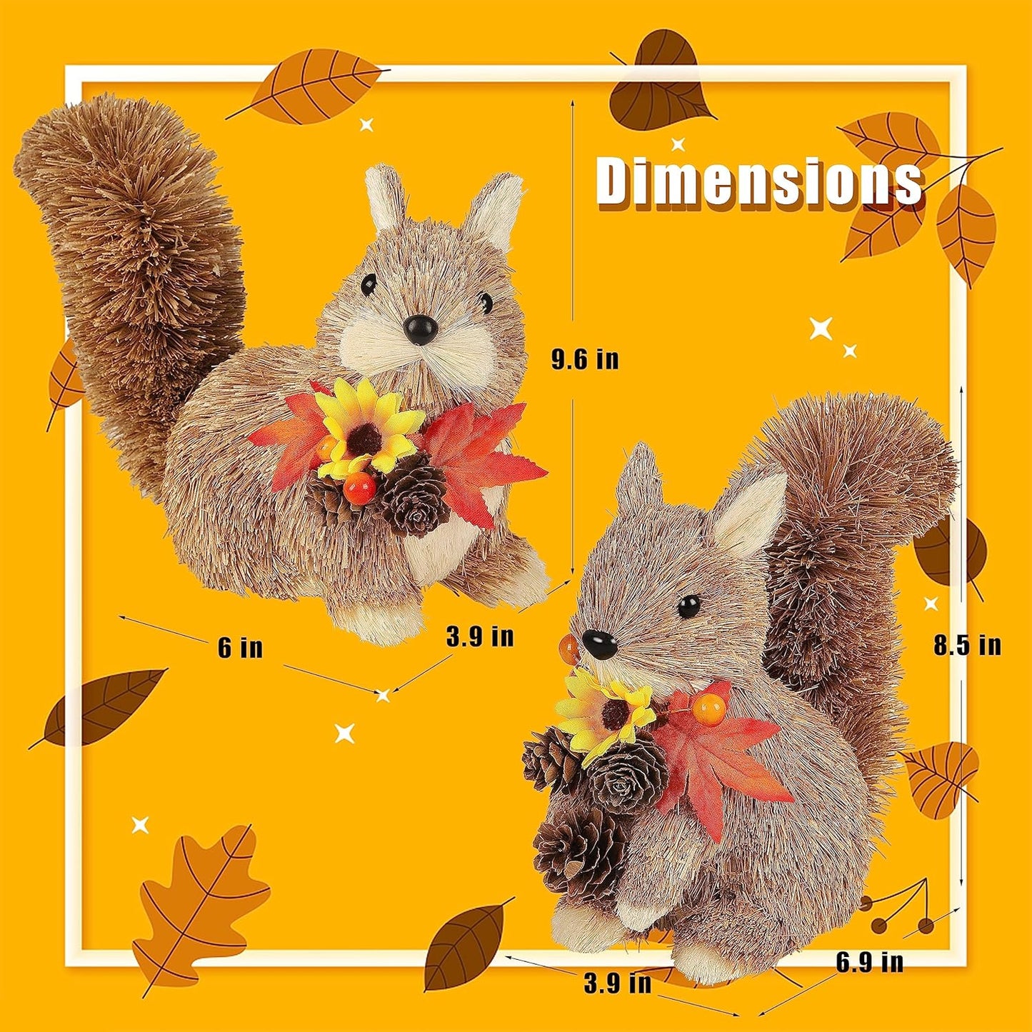 Lulu Home 2 Packs Squirrel Figurines, Handmade Straw-Woven Sitting Squirrel Tabletop Ornaments with Maple Leaves Pine Cones for Thanksgiving Day Fall Harvest Indoor Home Decor