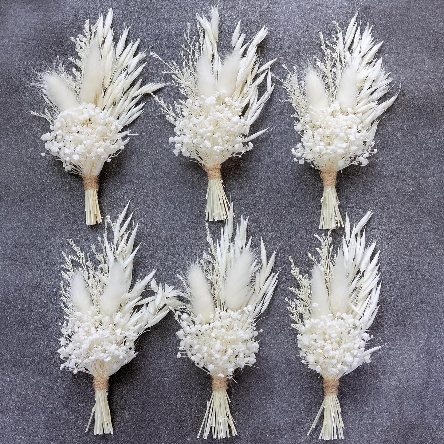 Mini Dried Flower Bouquet (Pack of 6), Groom and Best Man Corsages, Pampas, Small Bouquets.(Pure White)