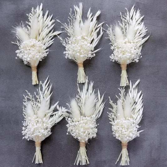 Mini Dried Flower Bouquet (Pack of 6), Groom and Best Man Corsages, Pampas, Small Bouquets.(Pure White)