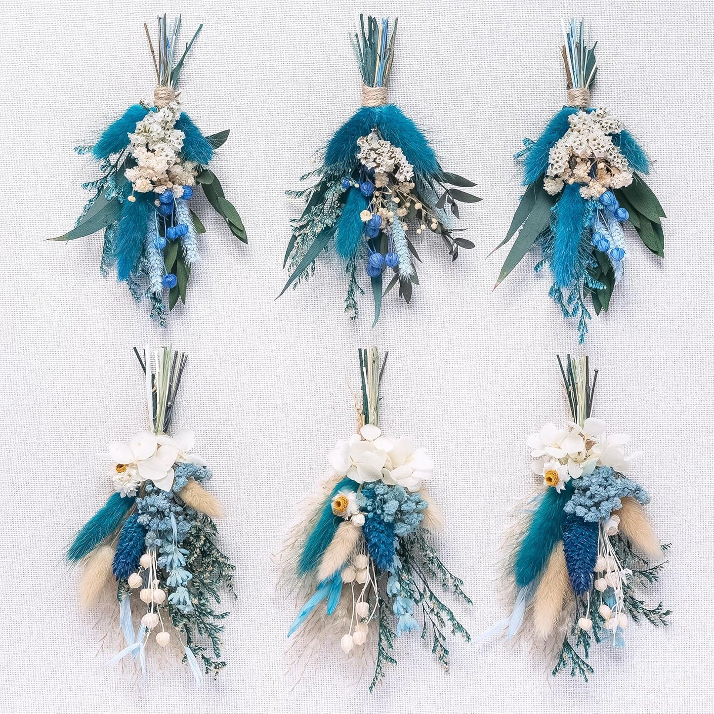 Mini Dried Flower Bouquets (Pack of 6), Blue DriedFlower Bouquets, Groomsmen and Groomsmen Boutonnieres, Dried Cake Flowers, Wall Decorations, Dried Card Flowers. (Grey Blue)