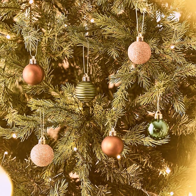 Valery Madelyn 1.57 Inches Small Christmas Tree Decorations Ornament Set for Fall Halloween, 24ct Brown Green and Gold Shatterproof Hanging Ball Ornaments Holiday Party Decor