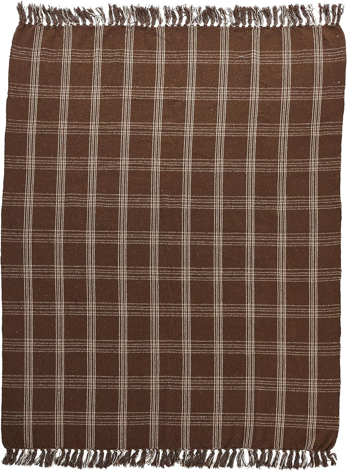 Creative Co-Op Recycled Cotton Blend Throw Blanket with Fringe, Brown Plaid