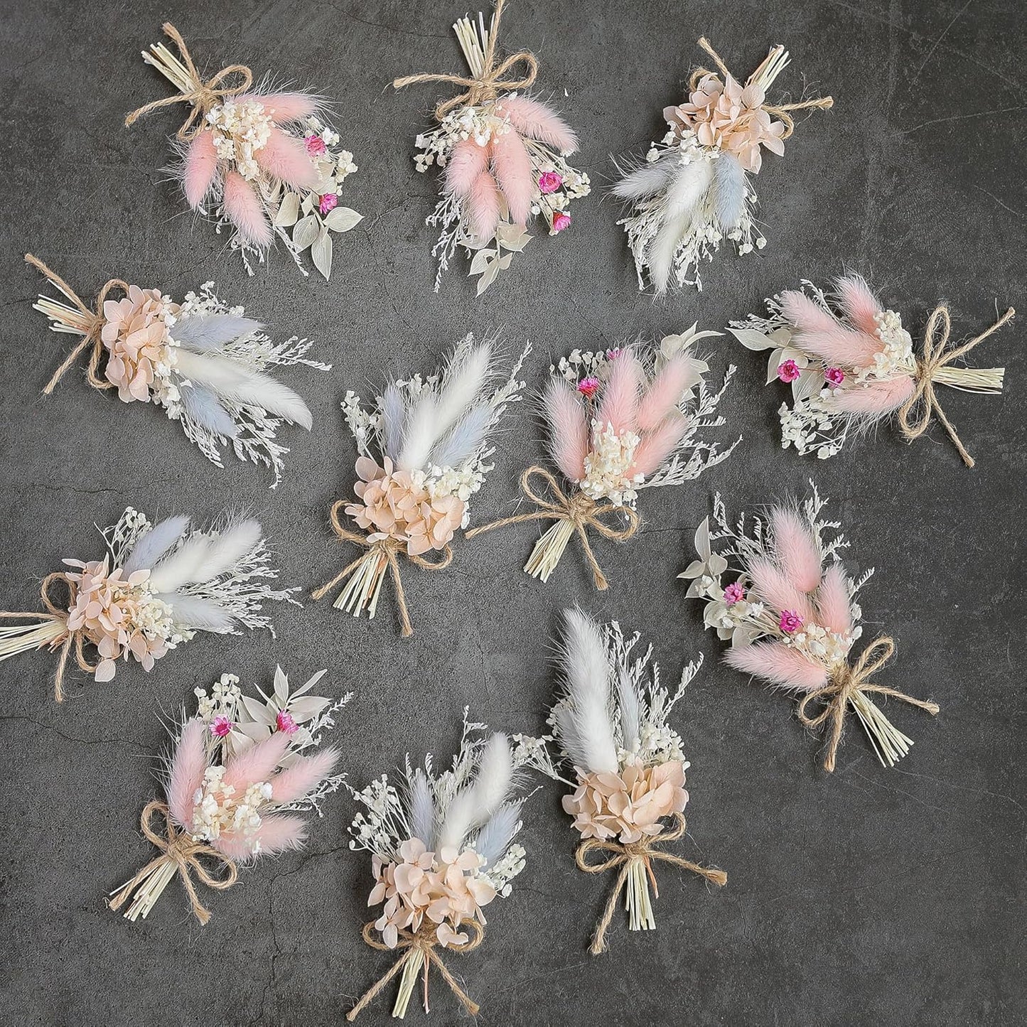 Mini Dried Flower Bouquet Set (12 pcs), Pink Bouquet, Birthday Cake Arrangement, Bridesmaid Flower Girl Proposal Gift Box, Groom Corsage(Pink)
