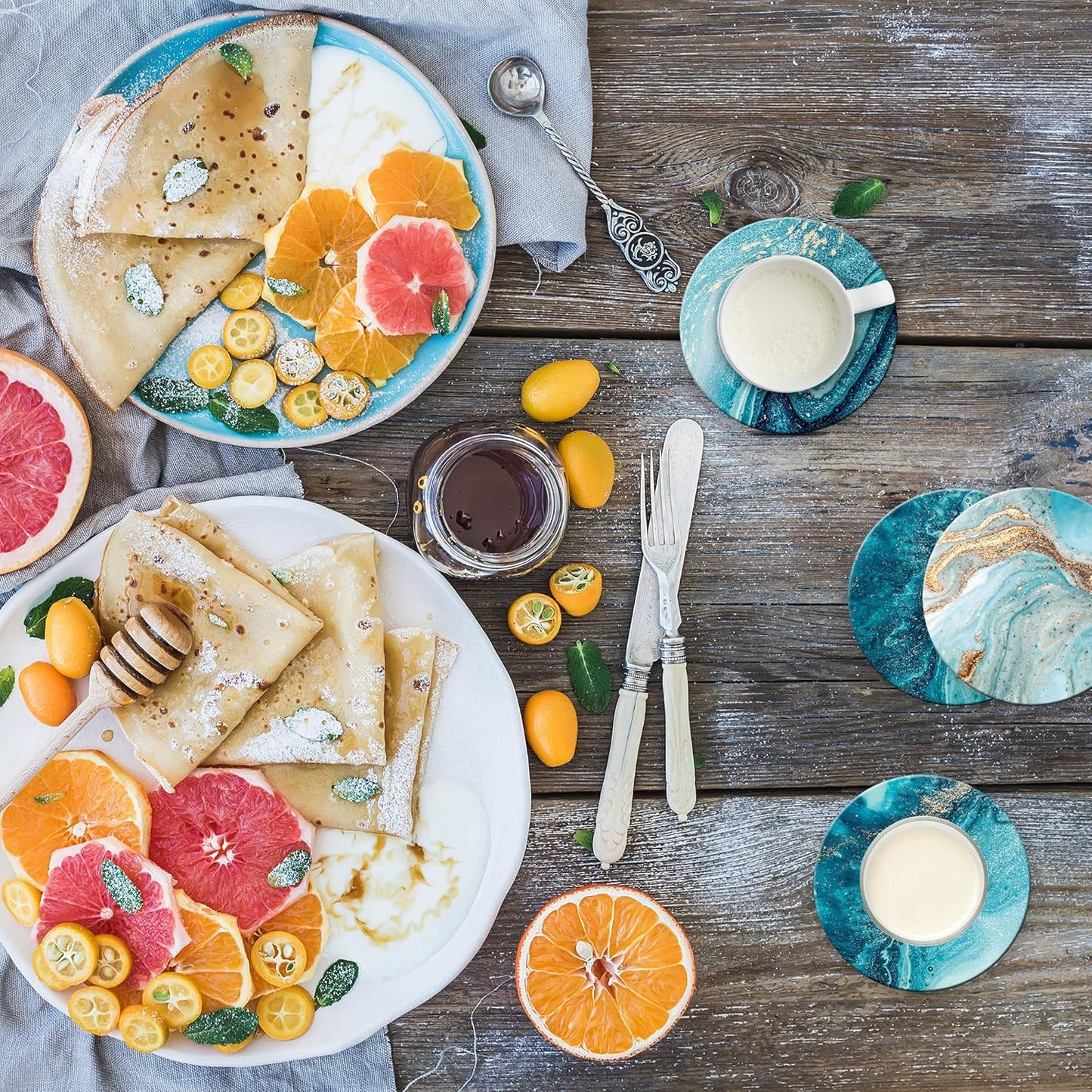 Dooke Coasters for Drinks, Round Absorbent Ceramic Stone Coasters Set of 6 with Cork Base,Funny Coaster with Holder for Cold Drinks Wine Mugs and Cups Tabletop Protection, 4 Inches,Teal Marble