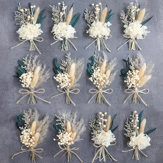 xin's convey Mini Dried Flower Bouquet Set (12 pcs), Wall Bouquet, Party Plate Decoration, Bridesmaid Flower Girl Proposal Gift Box, Groomsmen Corsage, Shooting Props. (White)