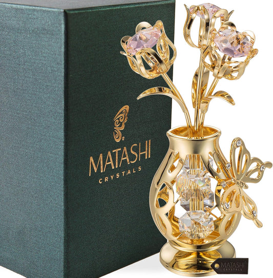 Matashi 24K Gold Plated Crystal Studded Flower Ornament in a Vase w/Decorative Butterfly (Pink Crystals) – Elegant Tabletop Showpiece, Home Decor Gift for Her, Mom, Grandma – Mothers Day, Christmas