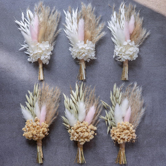 Mini Dried Flower Bouquet (Pack of 6), Dried Pampas Grass, Groom and Best Man Boutonnieres, Dried Cake Flowers, Gift Box Filler, Boho Party Favours..(Blush)