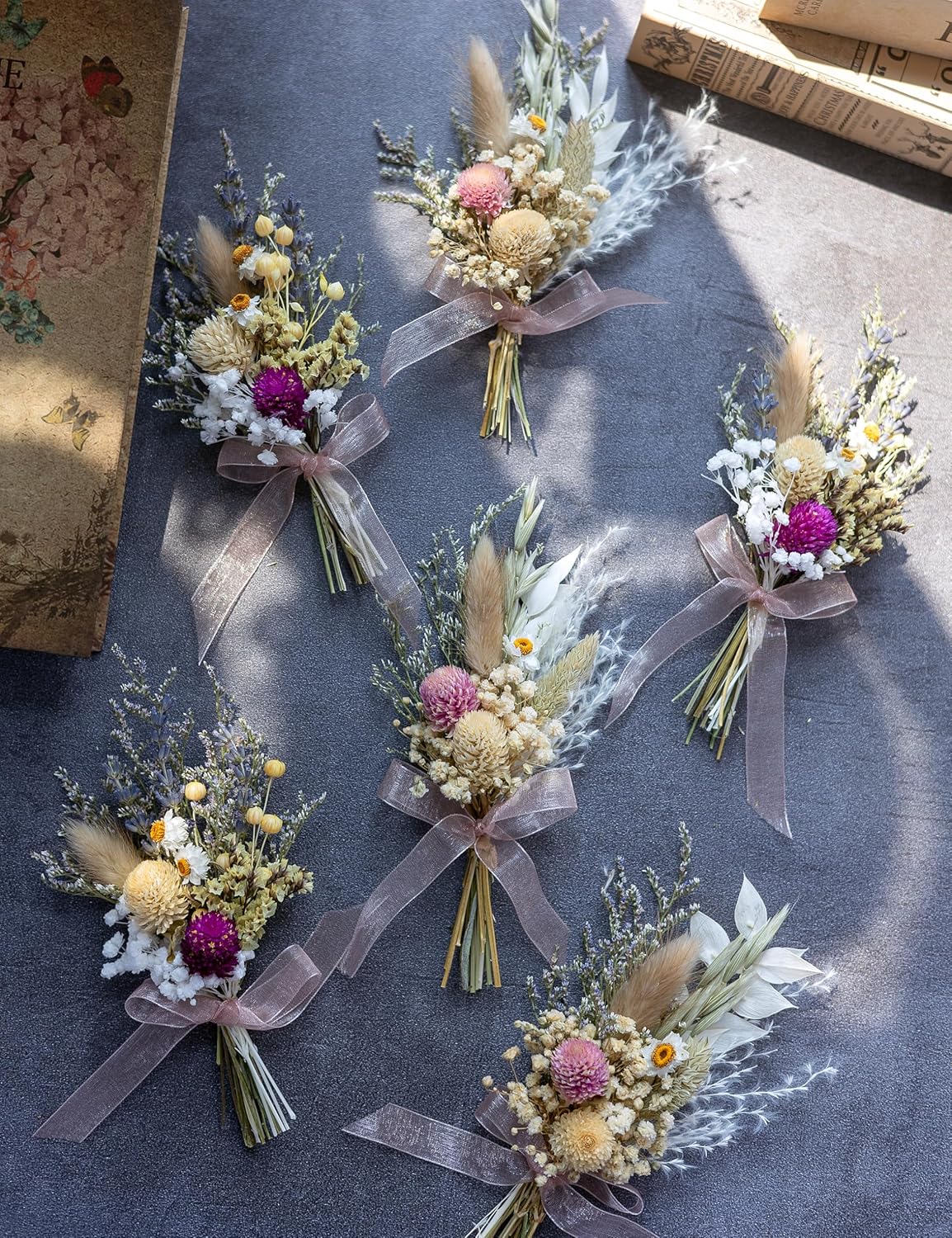 Mini Dried Flower Bouquet Set of 6, Pink Mini Bouquet, Party Plate Decoration, Bridesmaid Flower Girl Proposal Box, Birthday Cake Table Arrangement, Wall Decoration. (Pink)