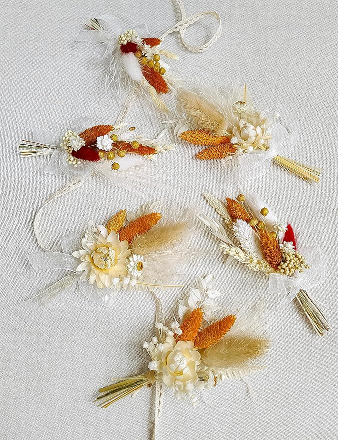 xin's convey Mini Dried Flowert Set (Pack of 6), Orange Small Bouquet, Pampas Small Bouquet, Party Plate Decoration, Bridesmaid Flower Girl Proposal Box, Birthday Cake Decoration. (Terracotta)